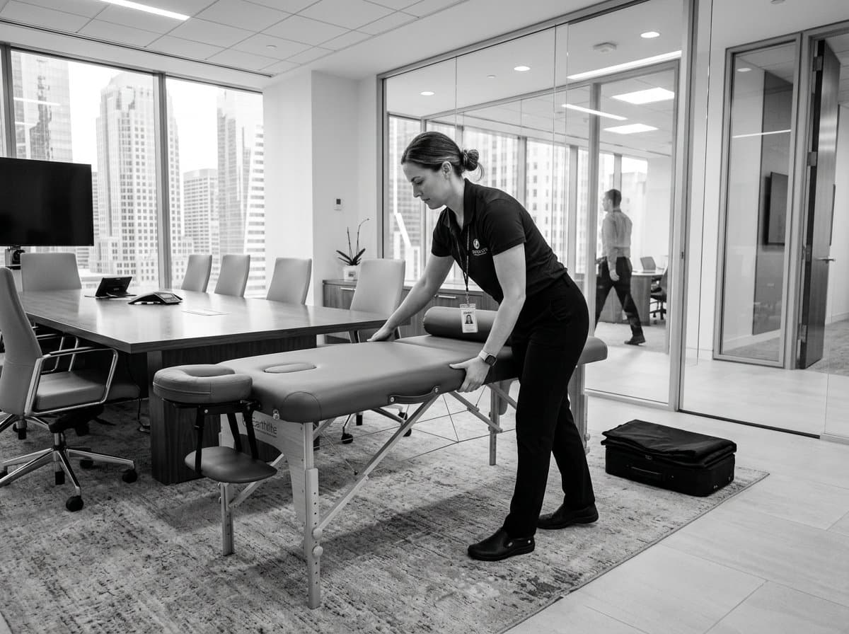 Professional massage table setup in a modern corporate office boardroom
