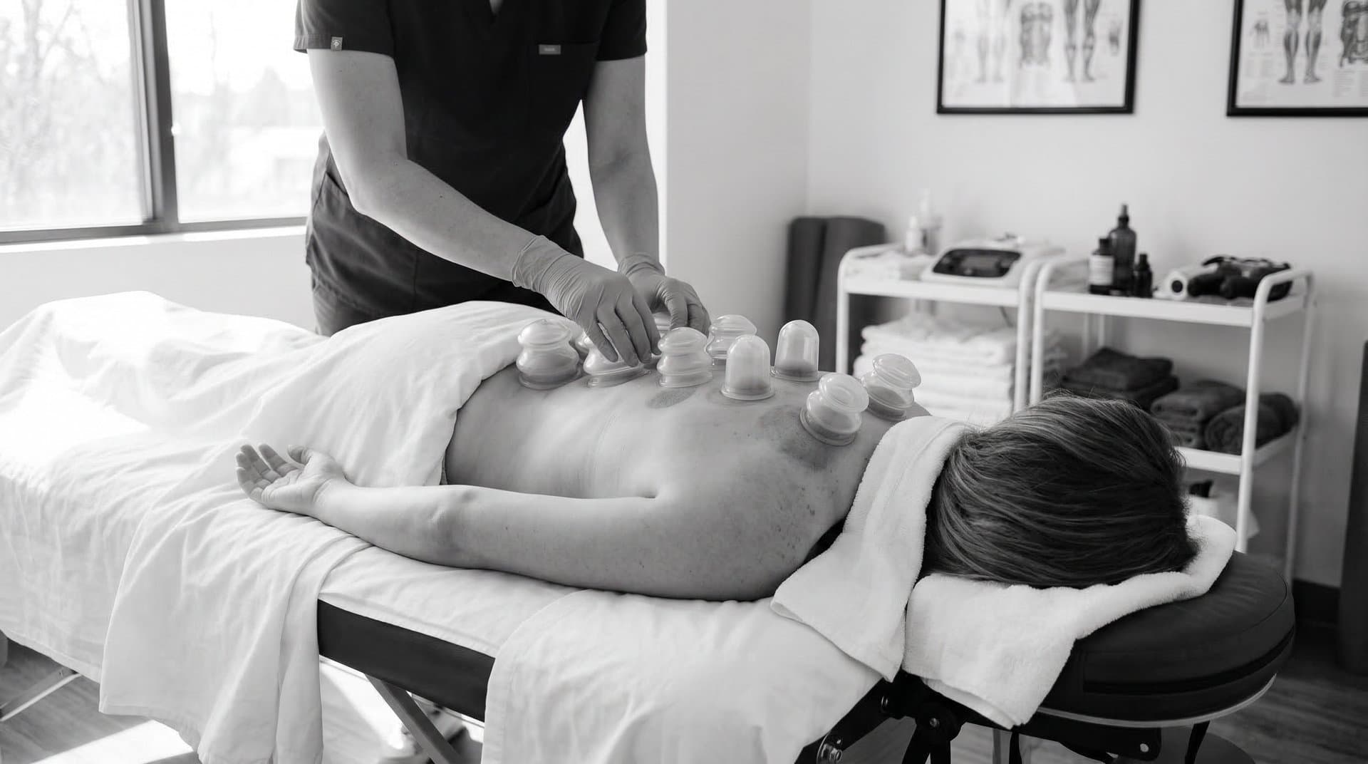 Cupping therapy session with silicone cups placed along a client's upper back