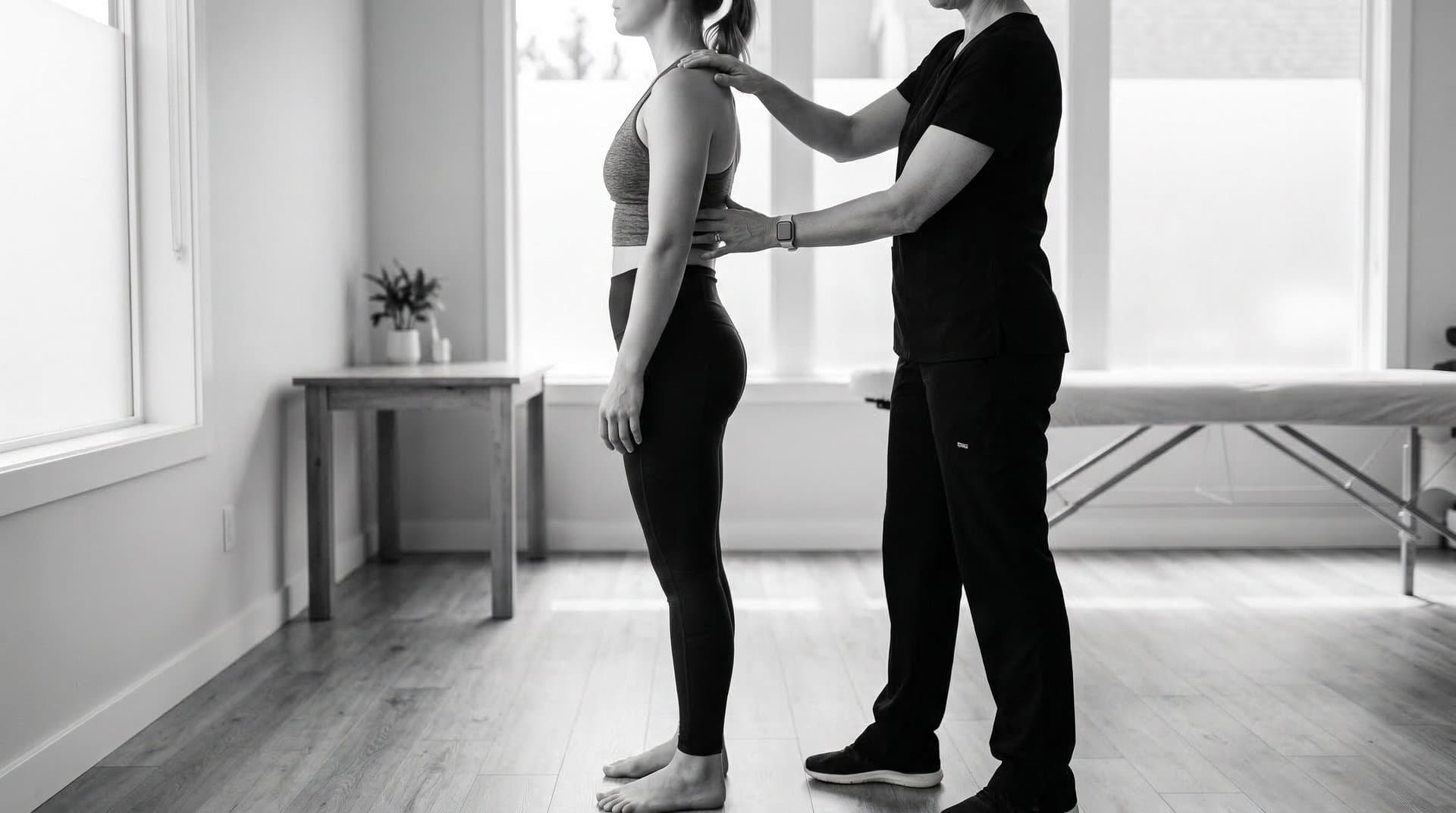 Therapist assessing a client's standing posture from the side, evaluating shoulder alignment and forward head position