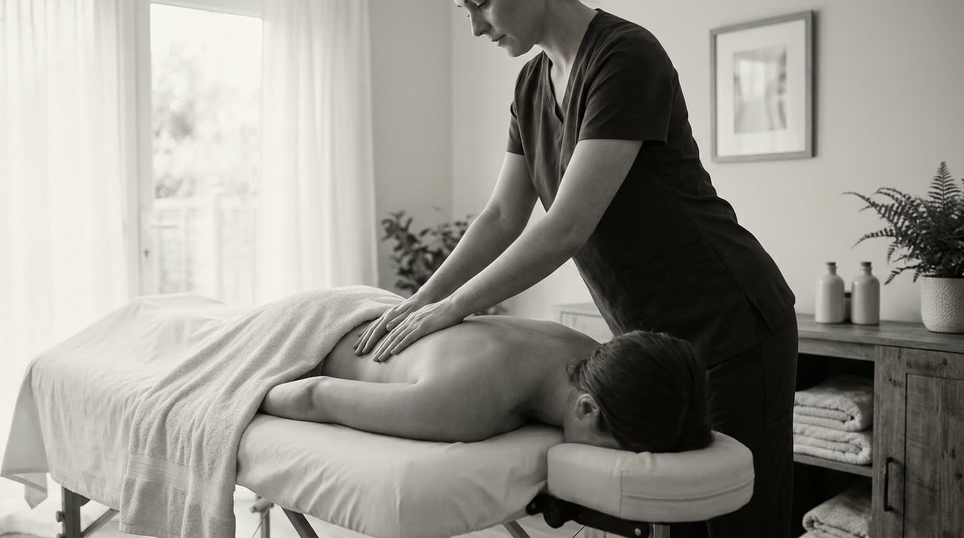 Therapist performing a flowing back massage on a client lying face-down on a professional massage table