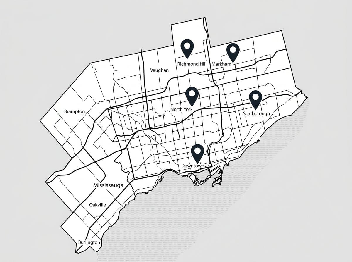 Map of the Greater Toronto Area showing HyperTherapy mobile massage service areas: Toronto, North York, Scarborough, Markham, and Richmond Hill