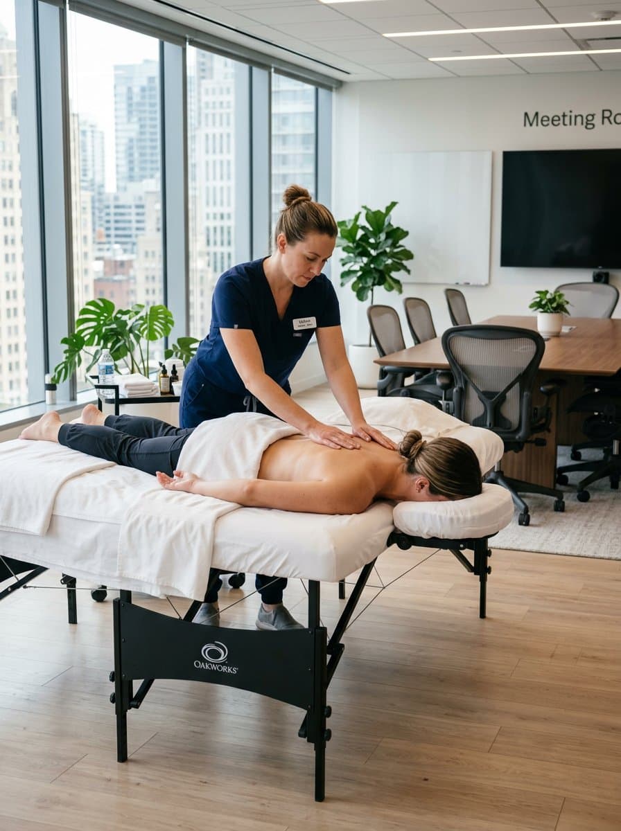 HyperTherapy massage table set up in a modern office for corporate wellness session