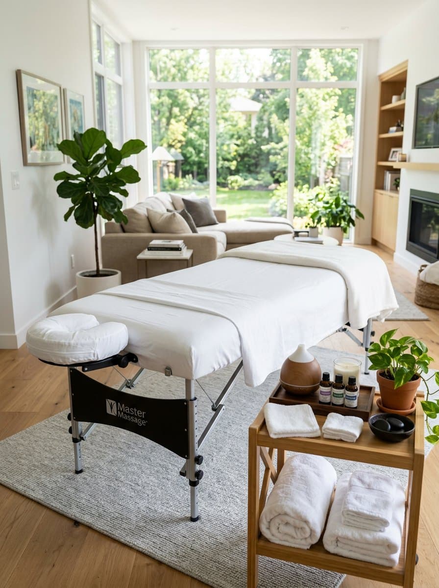 HyperTherapy therapist setting up professional massage table in a client's living room for mobile RMT session