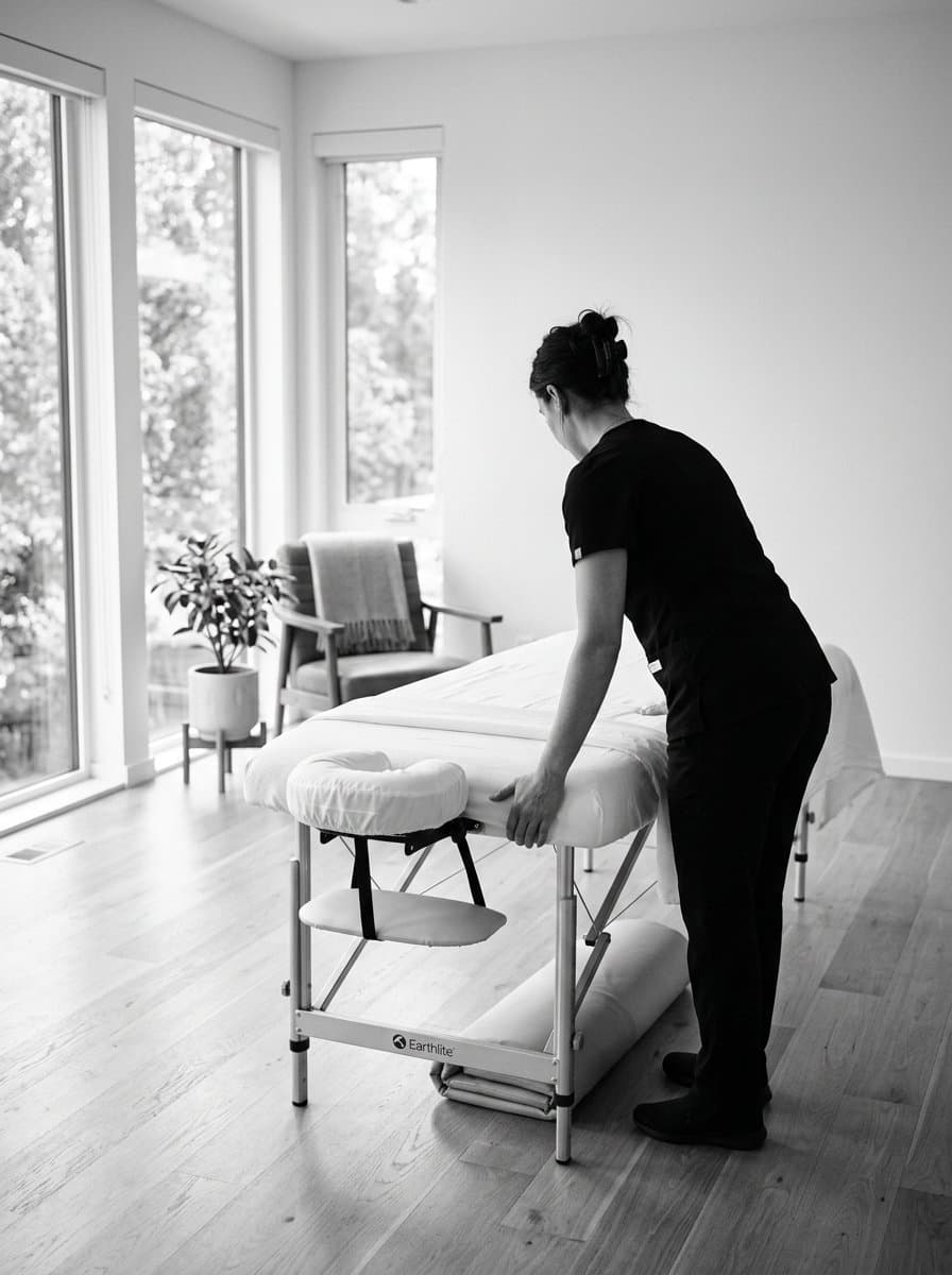 HyperTherapy RMT setting up the professional massage table in a client's home for a mobile session