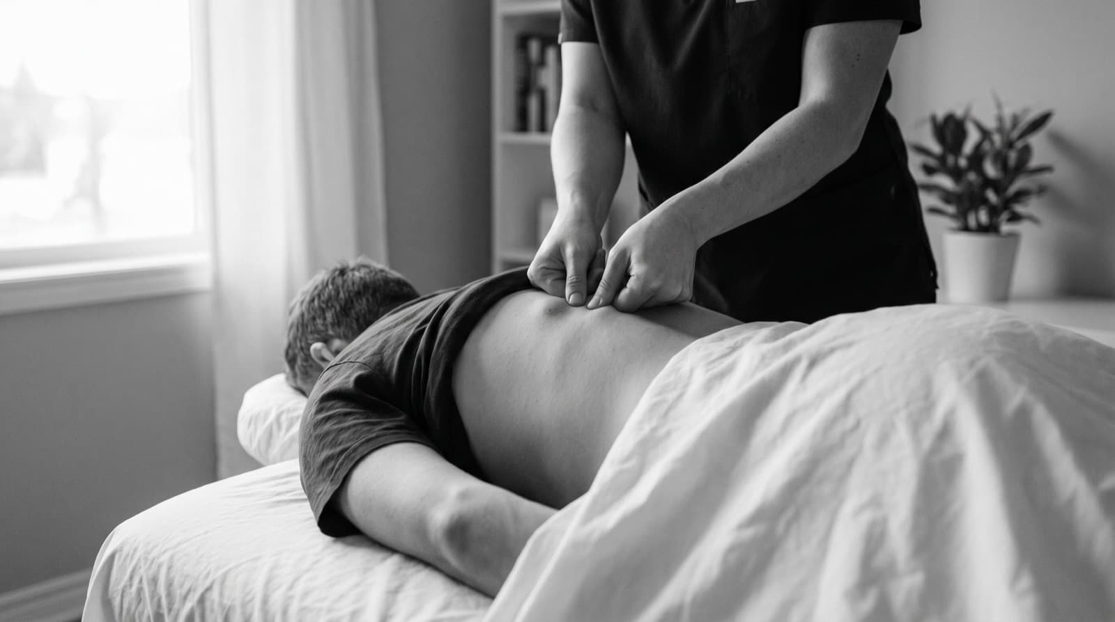 Massage therapist applying sustained thumb pressure to a trigger point on a client's back, ischemic compression technique, with clean white linens